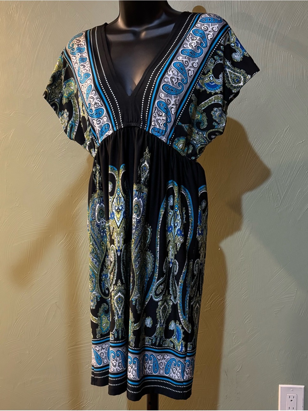 Bailey Blue Paisley V-Neck Dress Empire Waist Women's Size M Black Blue Green - Picture 2 of 13